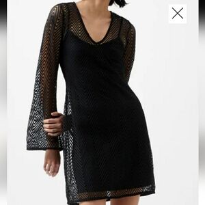 🛍French Connection Rudy Open Stitch Black Fit And Flare Bell Sleeve Dress M NWT